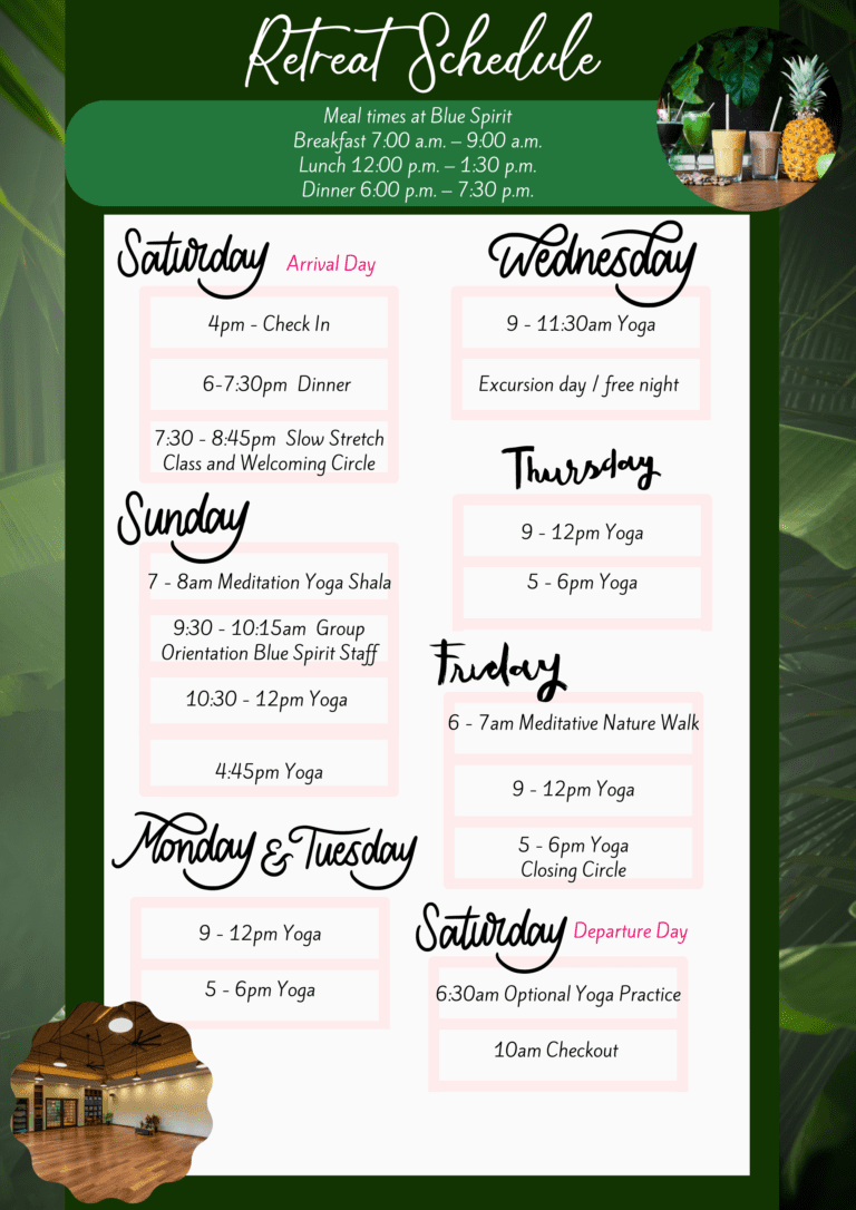 Costa Rica Yoga Retreat schedule with green background